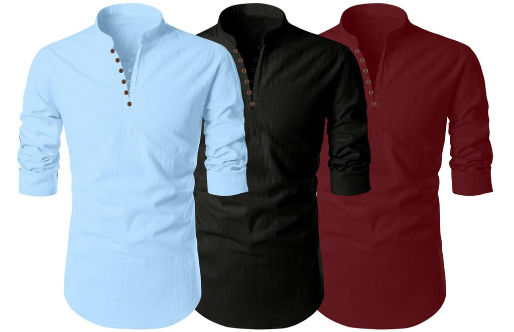 Finivo Fashion MenS Cotton Blend Regular Fit Solid Casual Kurta Shirt Pack Of 3