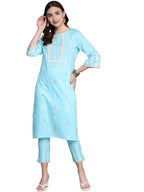 Ziyaa Women'S Sky Blue Cotton Straight Kurta And Pant Set (Zikuco3737Andpa- L)