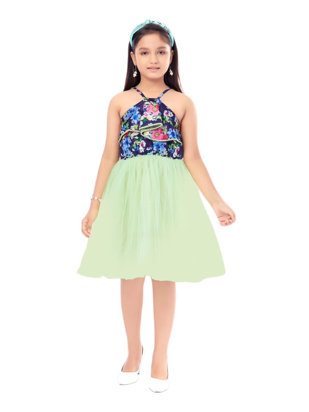 Aarika Girls Nylon Skater Knee-Length Dress (SP-MD-22133_Green