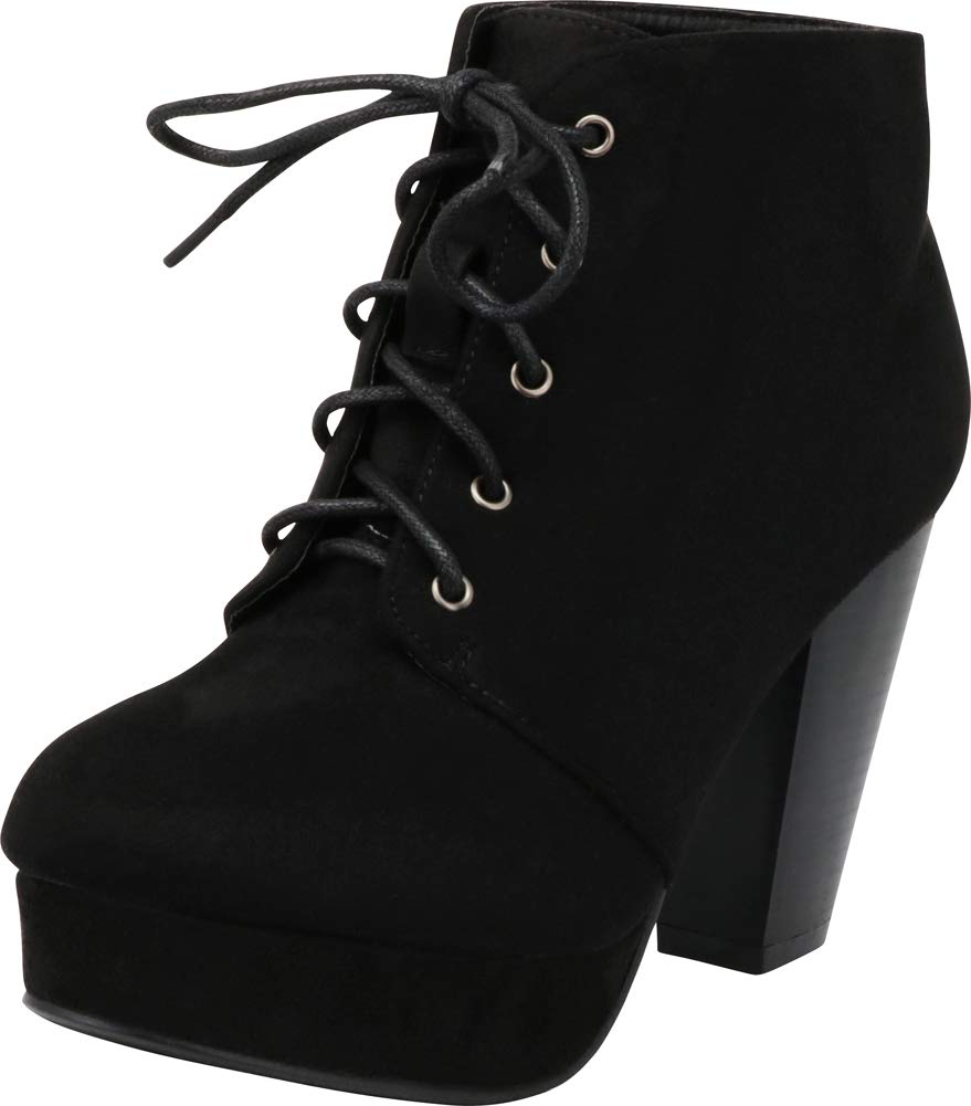 Forever Camille-86 Women's Comfort Stacked Chunky Heel Lace Up Ankle Booties, Black, 8.5