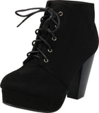 Forever Camille-86 Women's Comfort Stacked Chunky Heel Lace Up Ankle Booties, Black, 8.5
