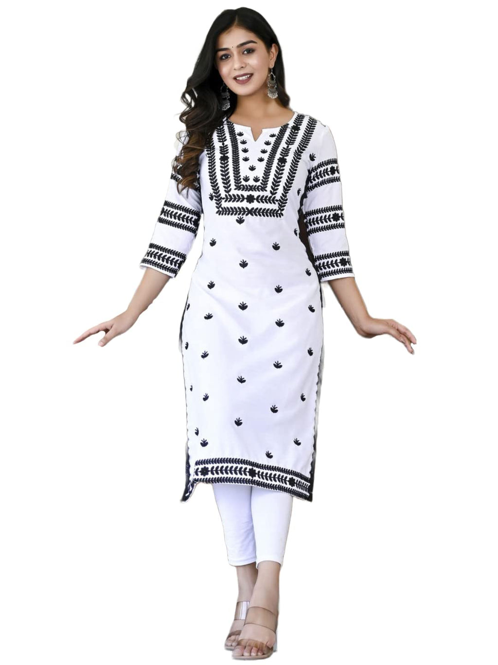 ANNI DESIGNER Womens Cotton Blend Embroidered Straight Kurta (Stho-White-CMD_L_White_Large)