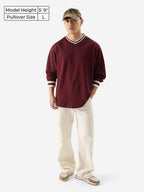 The Souled Store Solids: Burgundy Men and Boys V-Neck Full Sleeve Oversized Fit T-Shirts Oversized Mens T-Shirts Solid Basic Te
