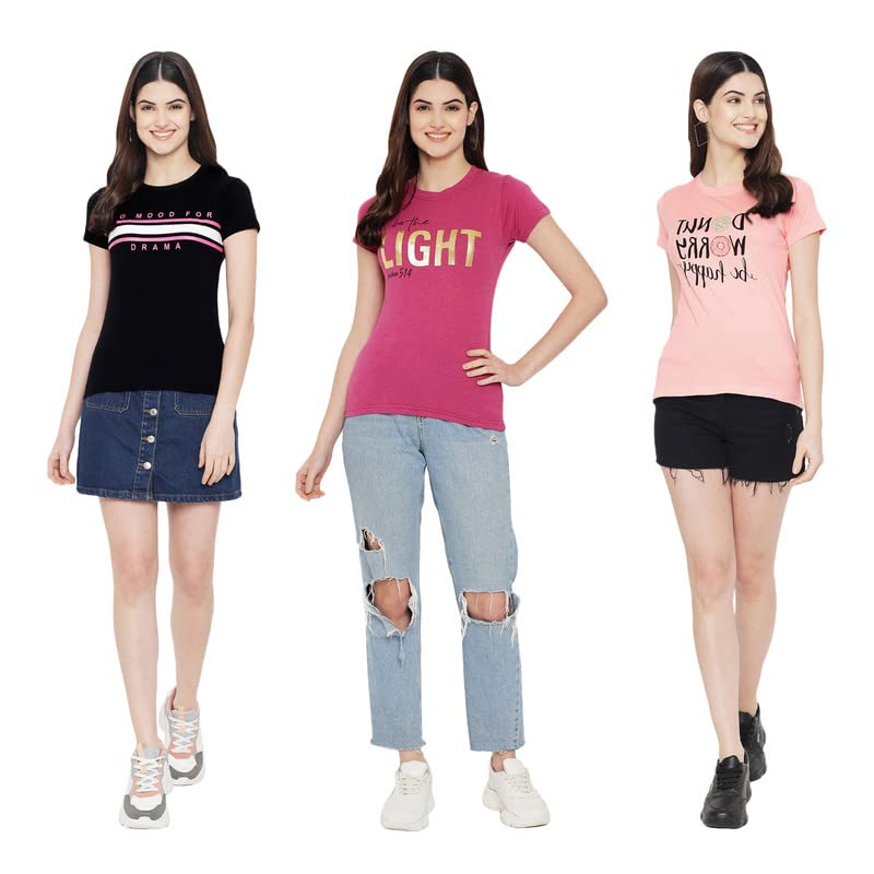 Preneum Womens Cotton Regular Fit Latest Graphic Stylish Printed Short Sleeves Casual T-Shirt || Latest Trending Style (Pack 3)