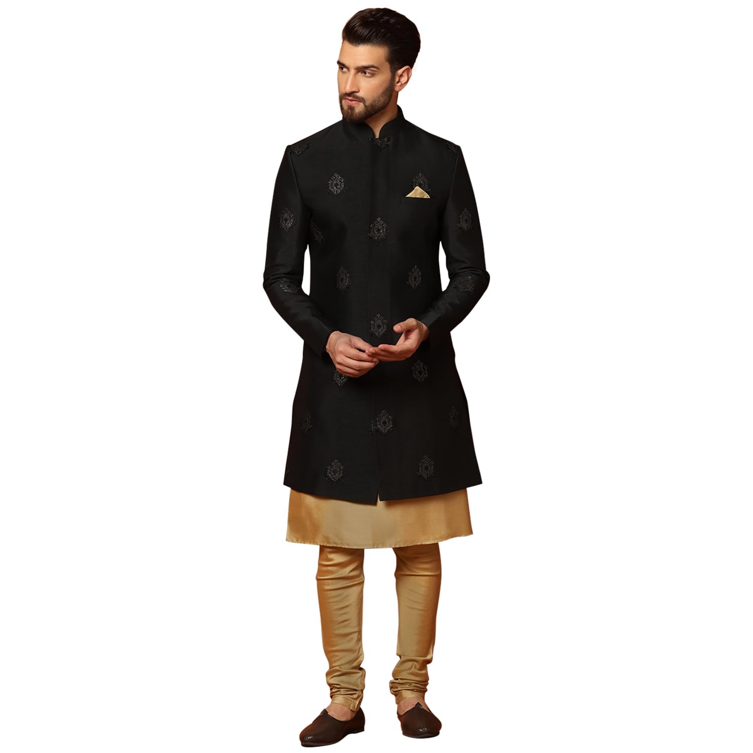 Kisah MenS Black And Golden Indo-Western Kurta Sherwani Churidar Set Cotton Silk Full Sleaves, Knee Length, Straight, Regular F