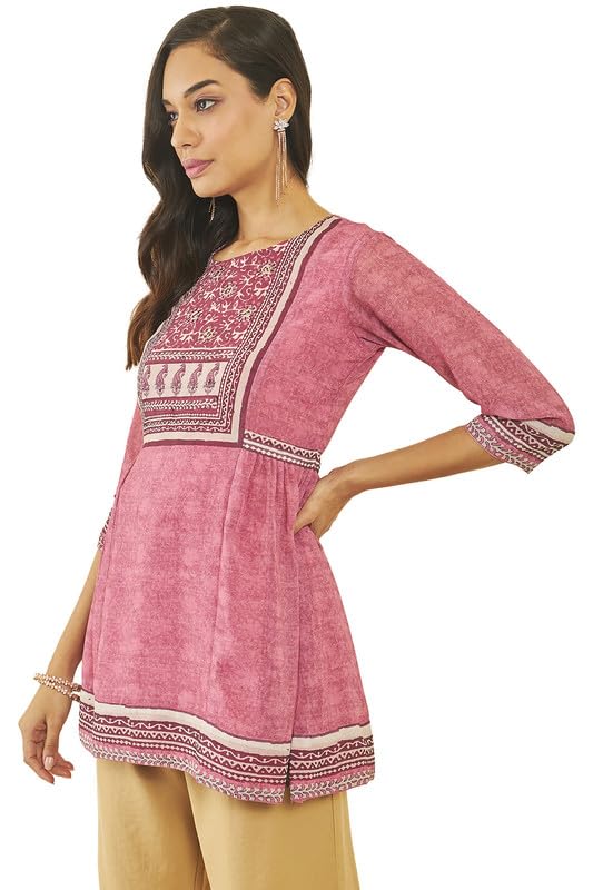 Soch Womens Pink Georgette Floral Print Round-Neck Tunic with Beadwork
