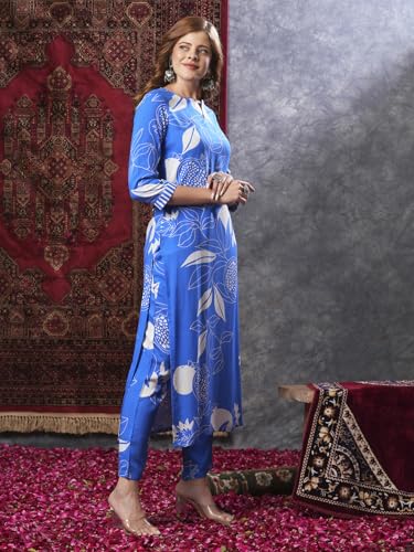 ANNI DESIGNER Womens Rayon Blend Straight Printed Kurta with Pant (ANAAR-BLUE-VKS03_M_Blue_Medium)