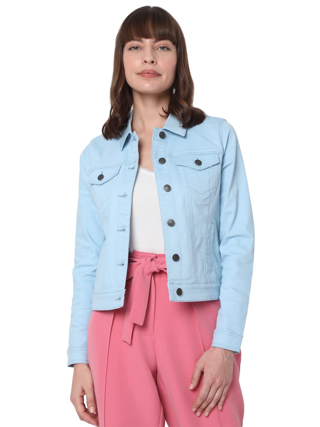 Vero Moda Solid Cotton Round Neck Womens Casual Jacket (Blue, Medium)