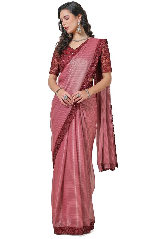 Soch Women Chiffon Striped Saree with Sequin Lace Border