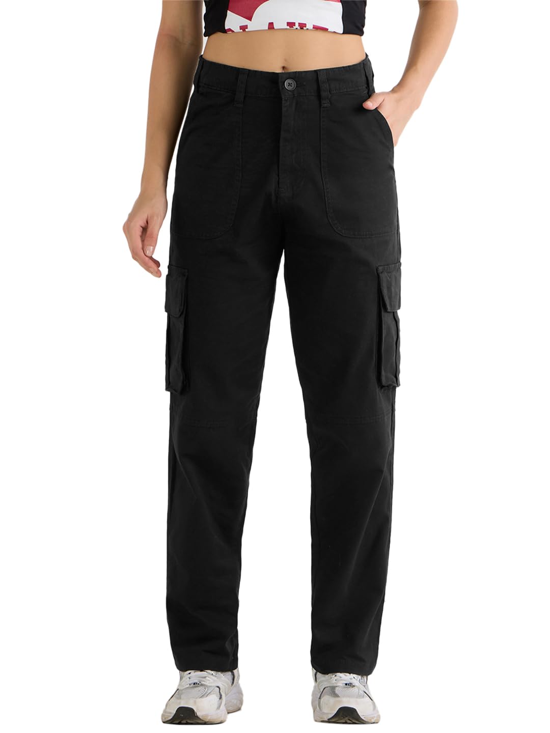 Bewakoof Women Mid Rise Solid Regular Fit Cotton Blend Cargo Pants_ 620005 Black_ 32