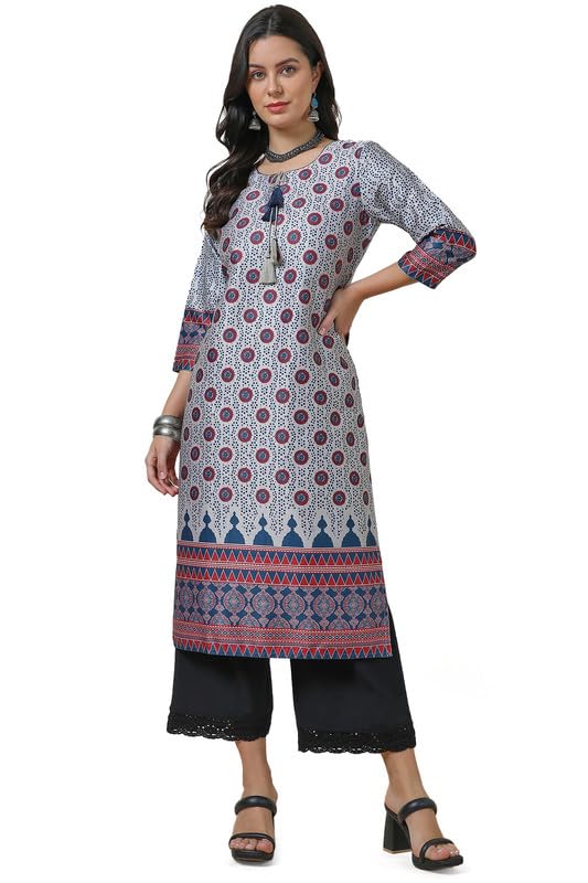 Soch Womens Grey Ethnic Motifs Kurta With Tie-Up Neck