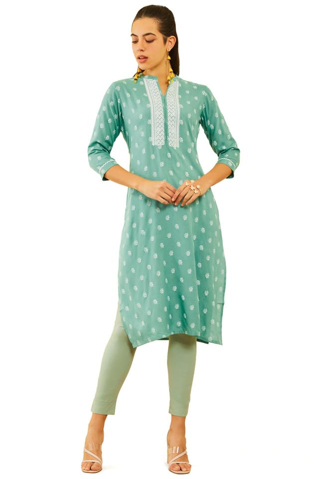 Soch Womens Green Rayon Embroidered Kurta With Thread Work