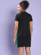 Juneberry Women Crew-Neck Typographic Print T-Shirt Black Dress With Front Slit And Contrast Tape