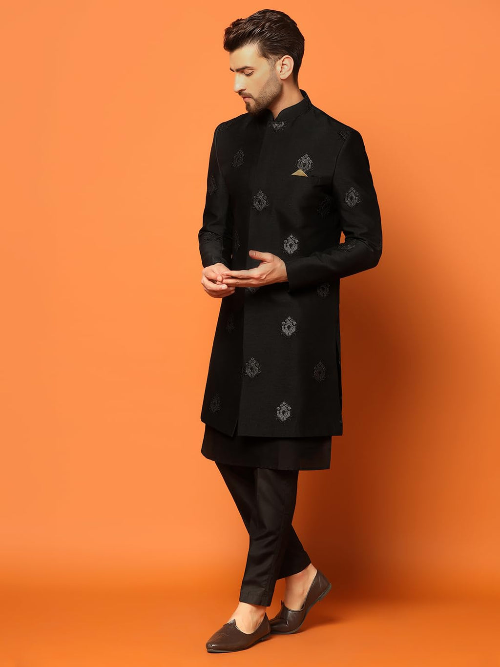 Kisah MenS Indo-Western Kurta Sherwani Trousers Set Cotton Silk Full Sleaves, Knee Length, Straight, Regular Fit, Mandarin Coll