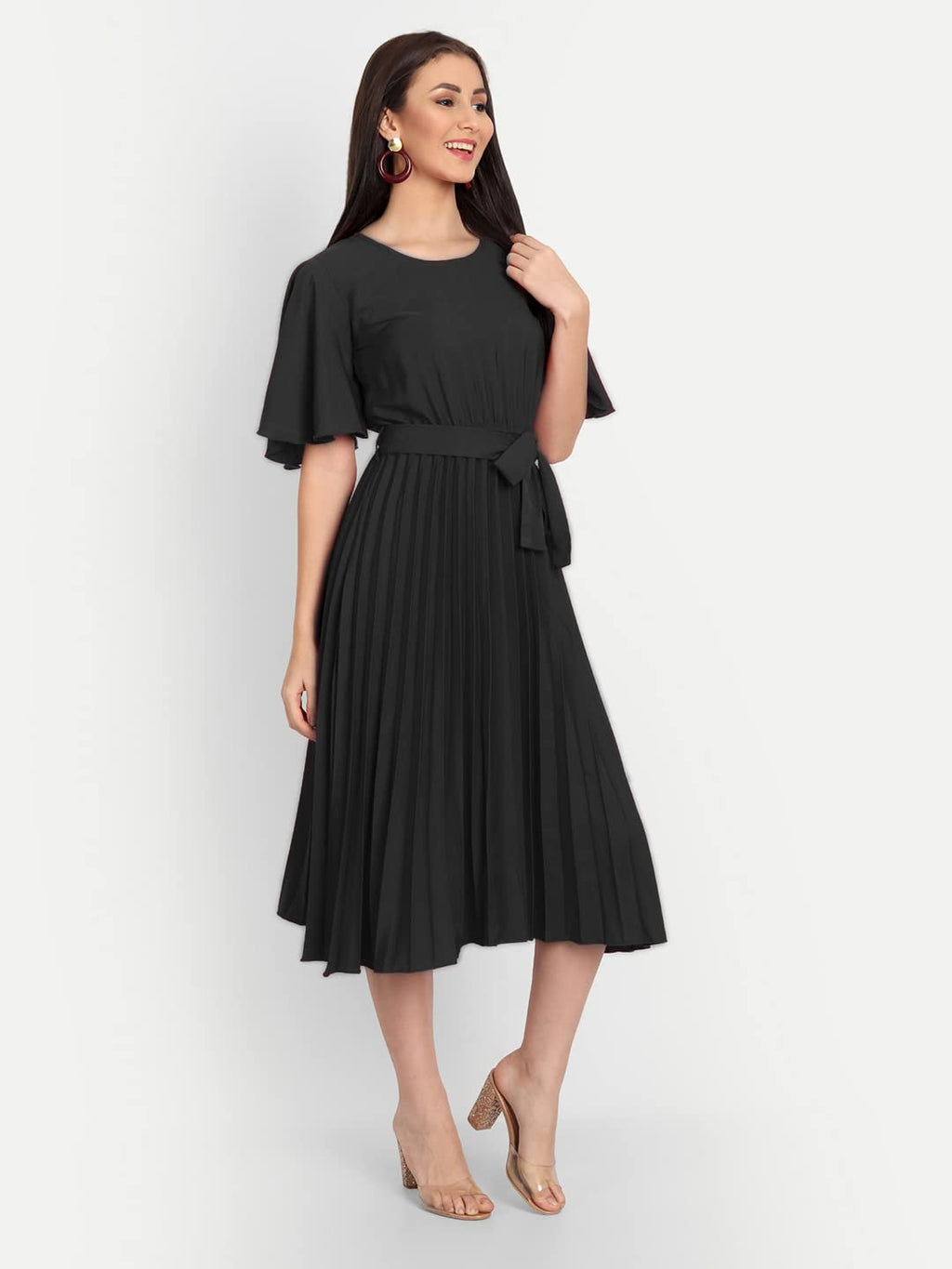 Kuduzo WomenS Crepe Midi Dress With Plated Style Round Neck Half Ruffle Sleeves Below Knee Length Solid Pattern And Regular Fit