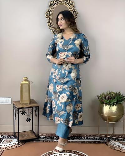 ANNI DESIGNER Womens Cotton Blend Straight Printed Kurta with Pant (DHUN Cerosin_M_Dark Blue_Medium)