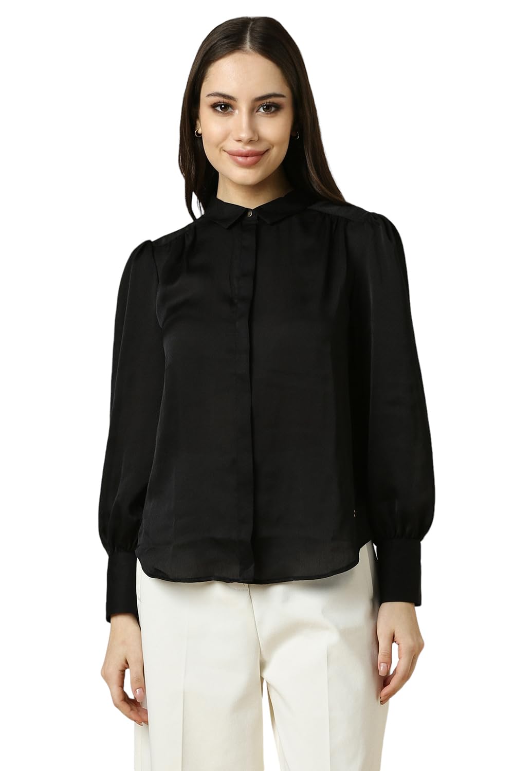 Allen Solly Women Solid Formal Cotton Full Sleeve Stretch T-Shirt