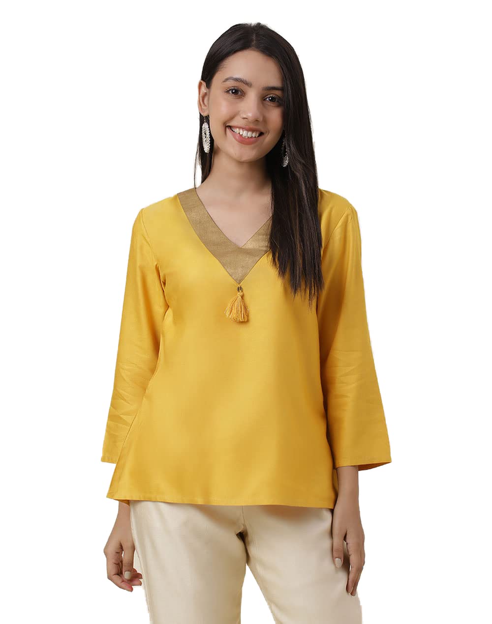 Fabindia Women Viscose Silk A-Line Top Yellow_M