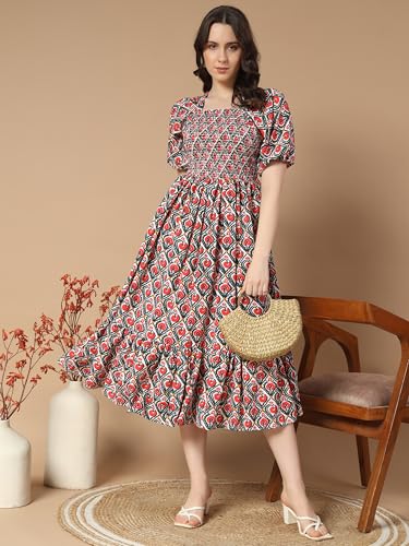 Kzully | Colorful Floral Print Midi Dress | Smocking And Elastic Comfort | Stylish Woman Wearing A Pretty Printed Flower | Trend