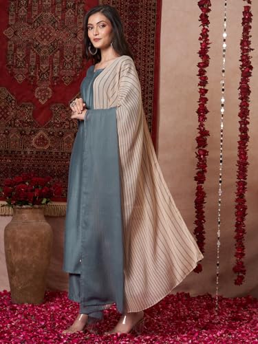 ANNI DESIGNER Womens Rayon Viscose Solid Straight Kurta with Pant & Dupatta (Raja Saab Grey-VKS14_XL_Grey_X-Large)