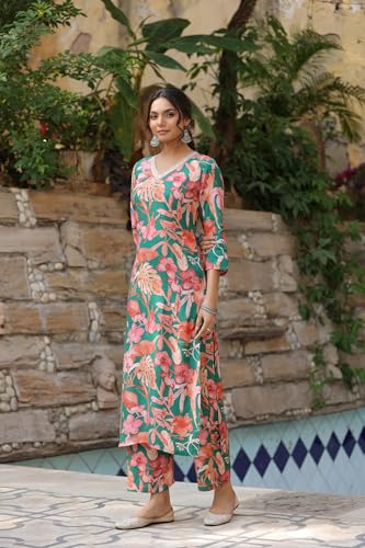 ANNI DESIGNER Womens Cotton Blend Straight Printed Kurta with Palazzo (Chinki Green_S_Green_Small)