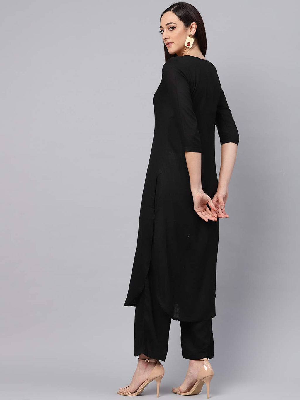 Idalia Rayon Solid Straight Black Kurta Set For Women 3/4 Sleeve, Round V Neck Designer Kurta With Palazzo Pant Set