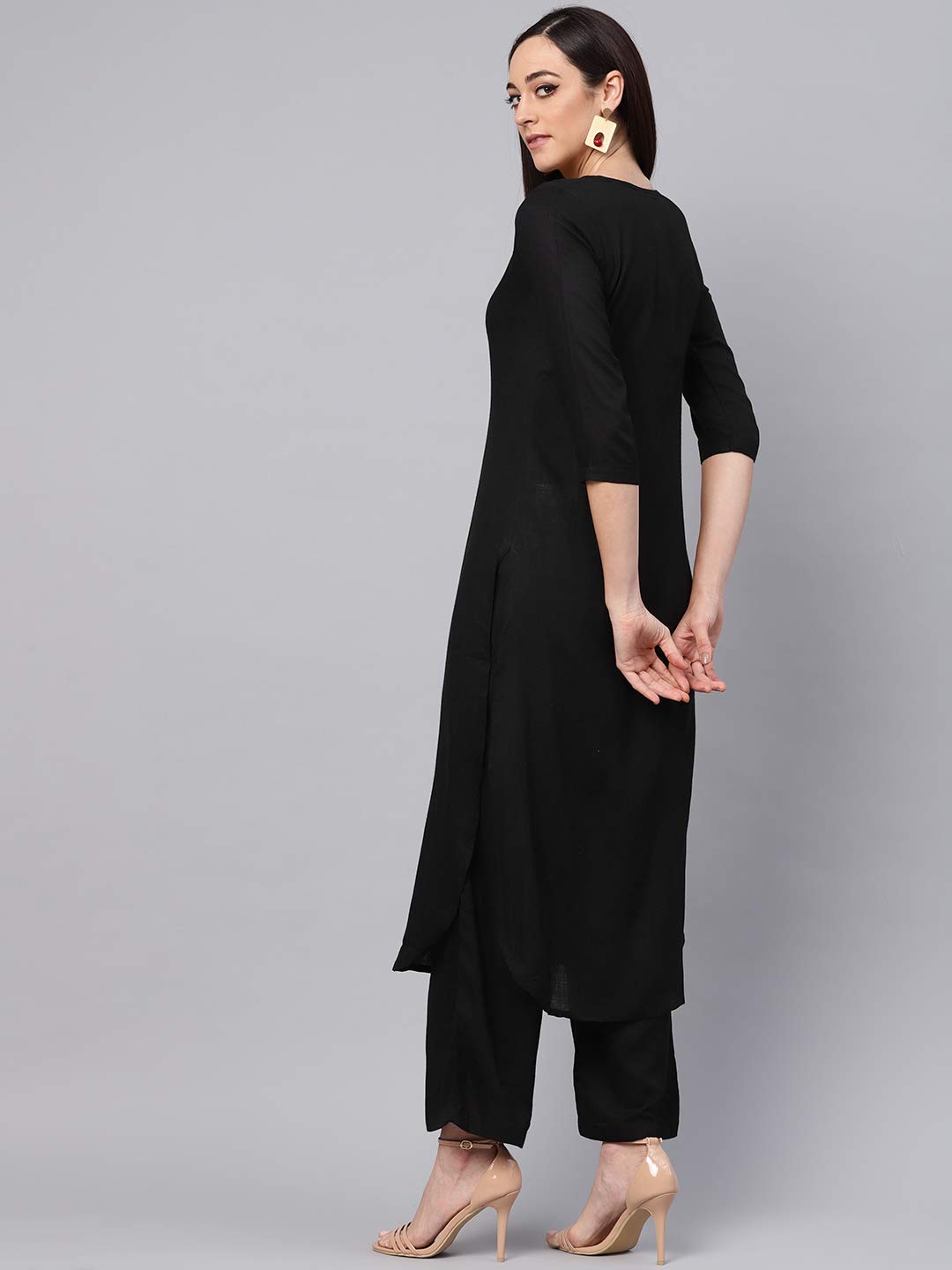 Idalia Rayon Solid Straight Black Kurta Set For Women 3/4 Sleeve, Round V Neck Designer Kurta With Palazzo Pant Set