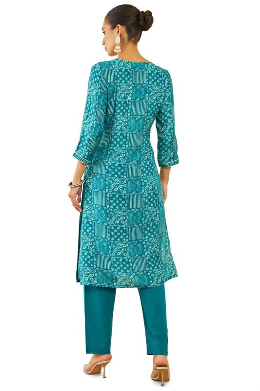 Soch Womens Blue Muslin Kurta Set With Geometric Print And Embroidery
