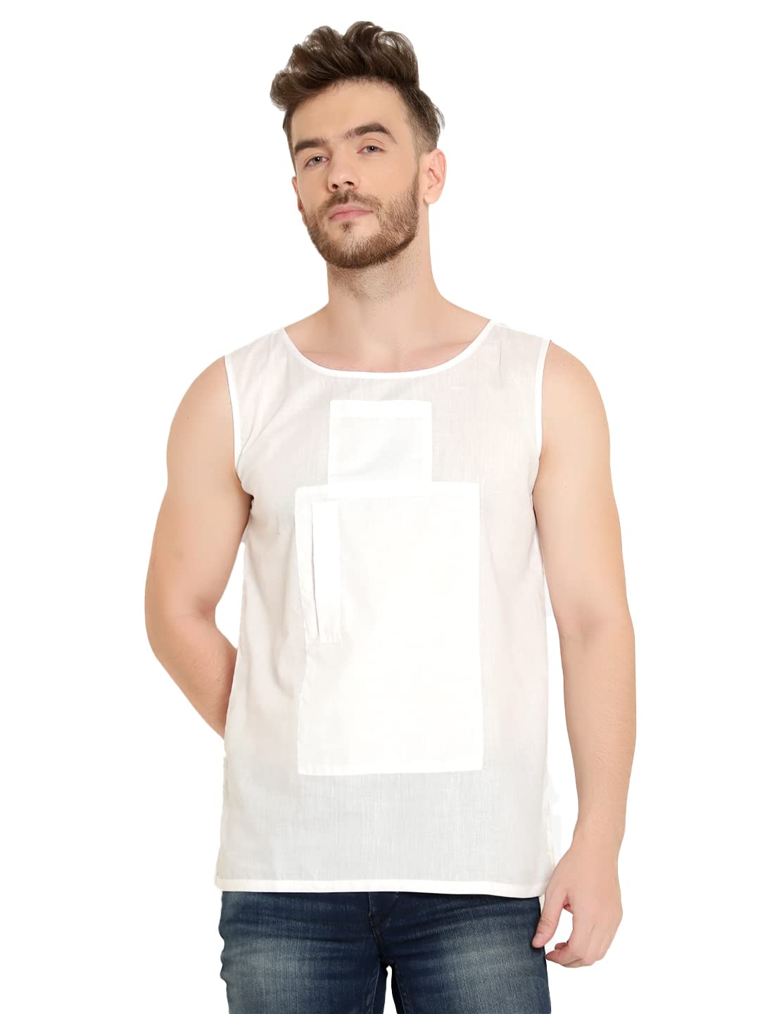 Latest Chikan Men Cotton Relaxed Fit White Cotton Travel Vest,2 Hidden Pockets,Sleeveless,36 36