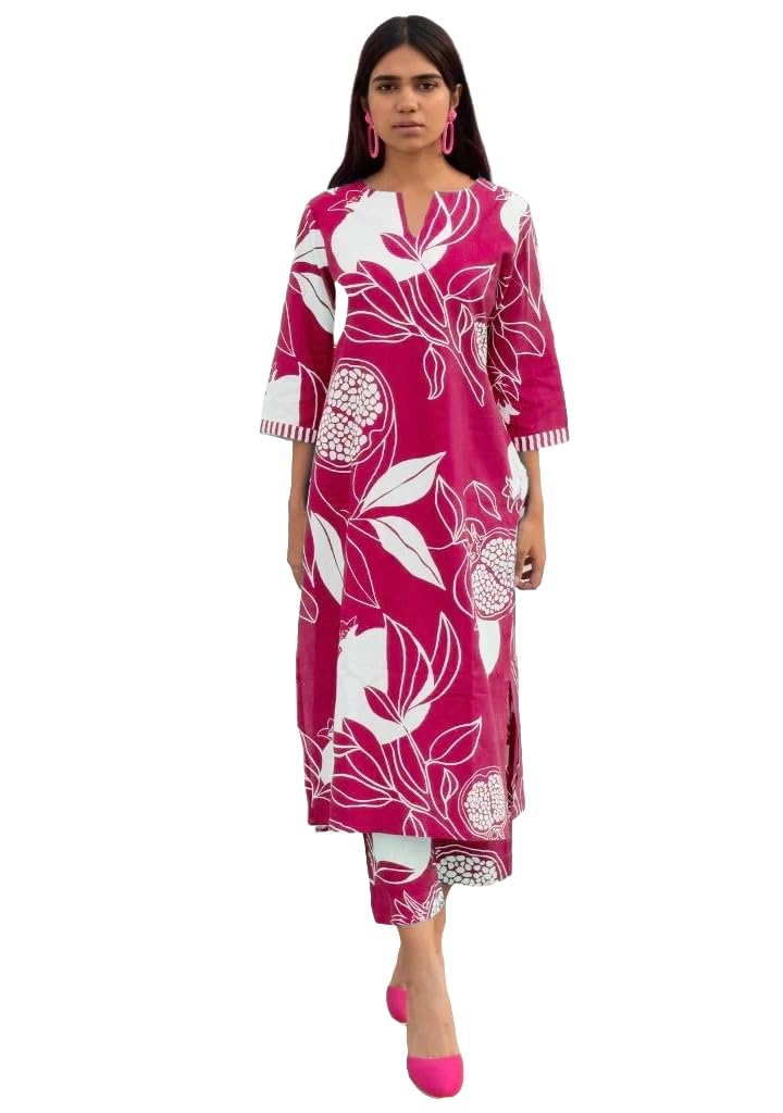 ANNI DESIGNER Womens Cotton Blend Straight Printed Kurta with Pant (ANAAR-Pink_XL_Pink_X-Large)