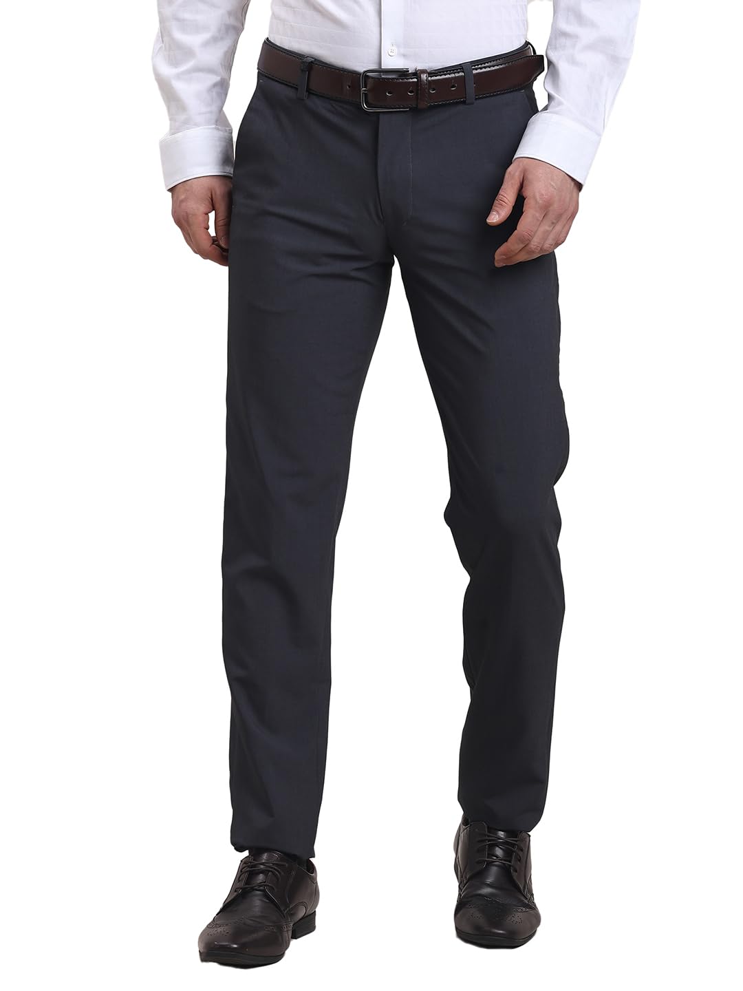 Turtle Men Polyviscose Spandex Slim Fit Solid Flat Front Dark Grey Trouser Trouser