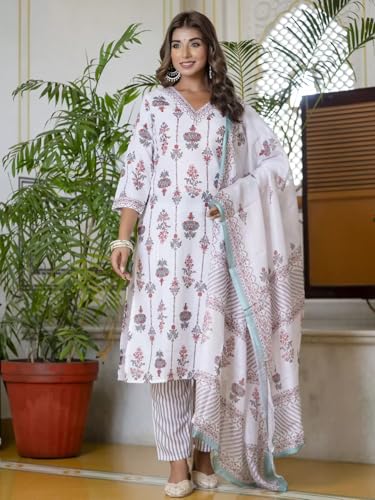 Tee Projekt WomenS Cotton Blend V Neck Printed Straight Kurta Pant With Dupatta Set Off White