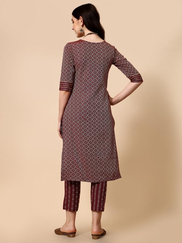 Nainvish Cotton Blend Kurti Pant & Dupatta | Kurta Set For Women | Women Kurta Pant Dupatta Set | Maroon Kurta Set For Women | Printed Kurta Pant Dupatta Set