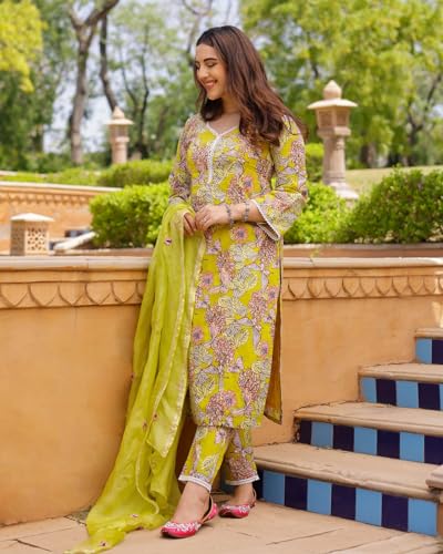 ANNI DESIGNER Womens Cotton Blend Printed Straight Kurta with Pant & Dupatta (Moriya Yellow_XXL_Yellow_XX-Large)