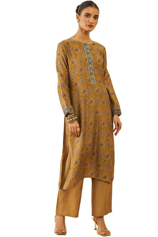 Soch Womens Mustard Muslin Floral Print Round-Neck Straight Kurta Set
