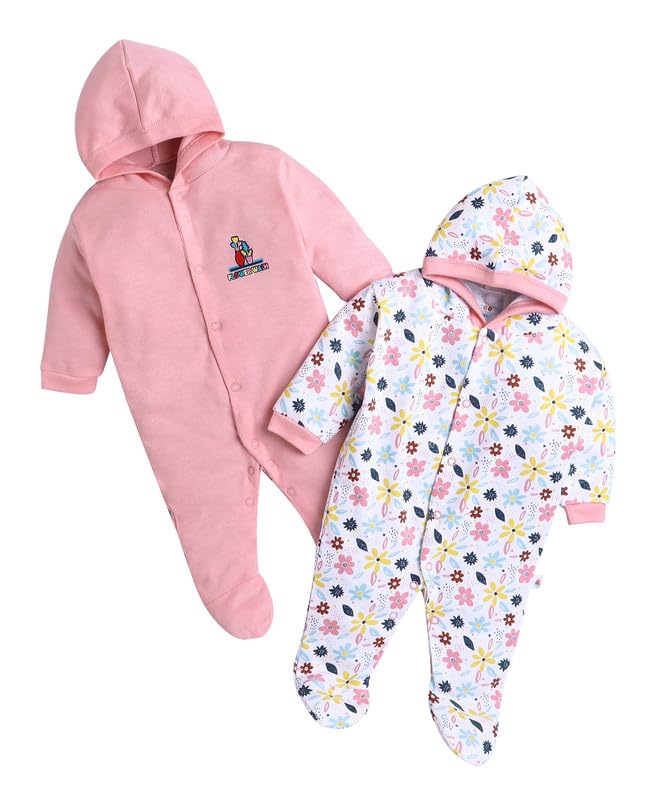 BUMZEE Peach & White Baby Girls Full Sleeves Sleepsuit with Hood Pack of 2 Age - New Born (Peb10012A-pch)