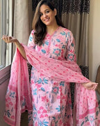ANNI DESIGNER Womens Rayon Blend Straight Printed Kurta with Pant & Dupatta (Kumud Pink_S_Pink_Small)