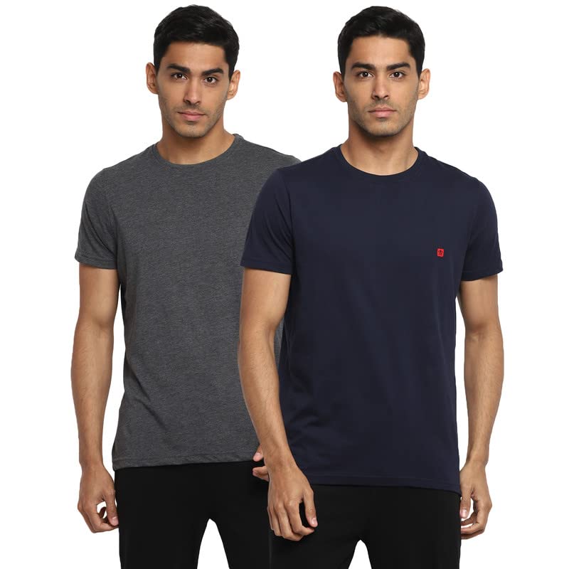 Turtle Men Essentials Grey-Navy Solid Round Neck T-Shirts (Pack of 2)
