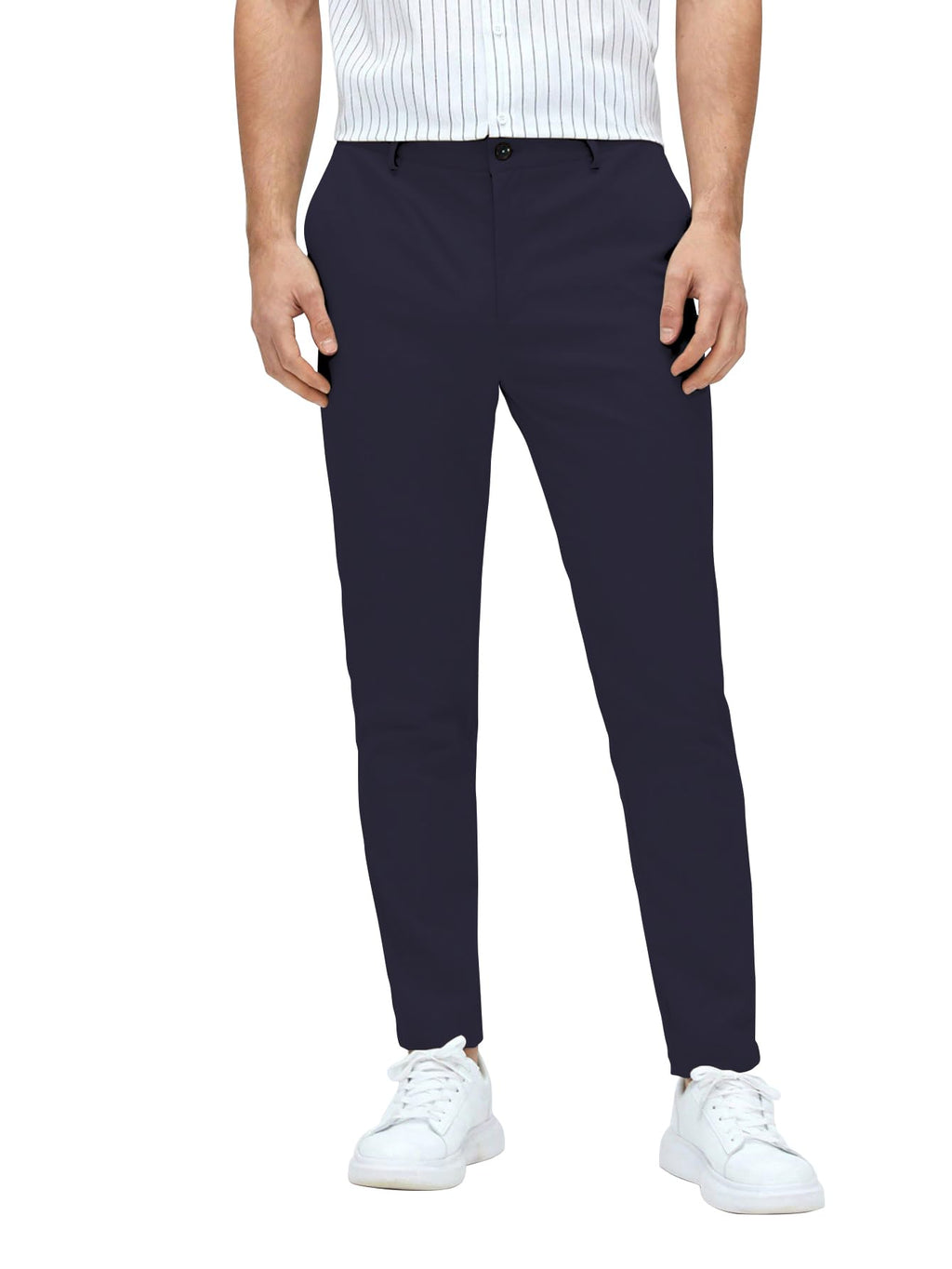 AVANOVA Mens Classic Dress Pants with Side Pockets | Solid Navy Blue Tapered Suit Trousers, Business Formal Office Wear Regular 