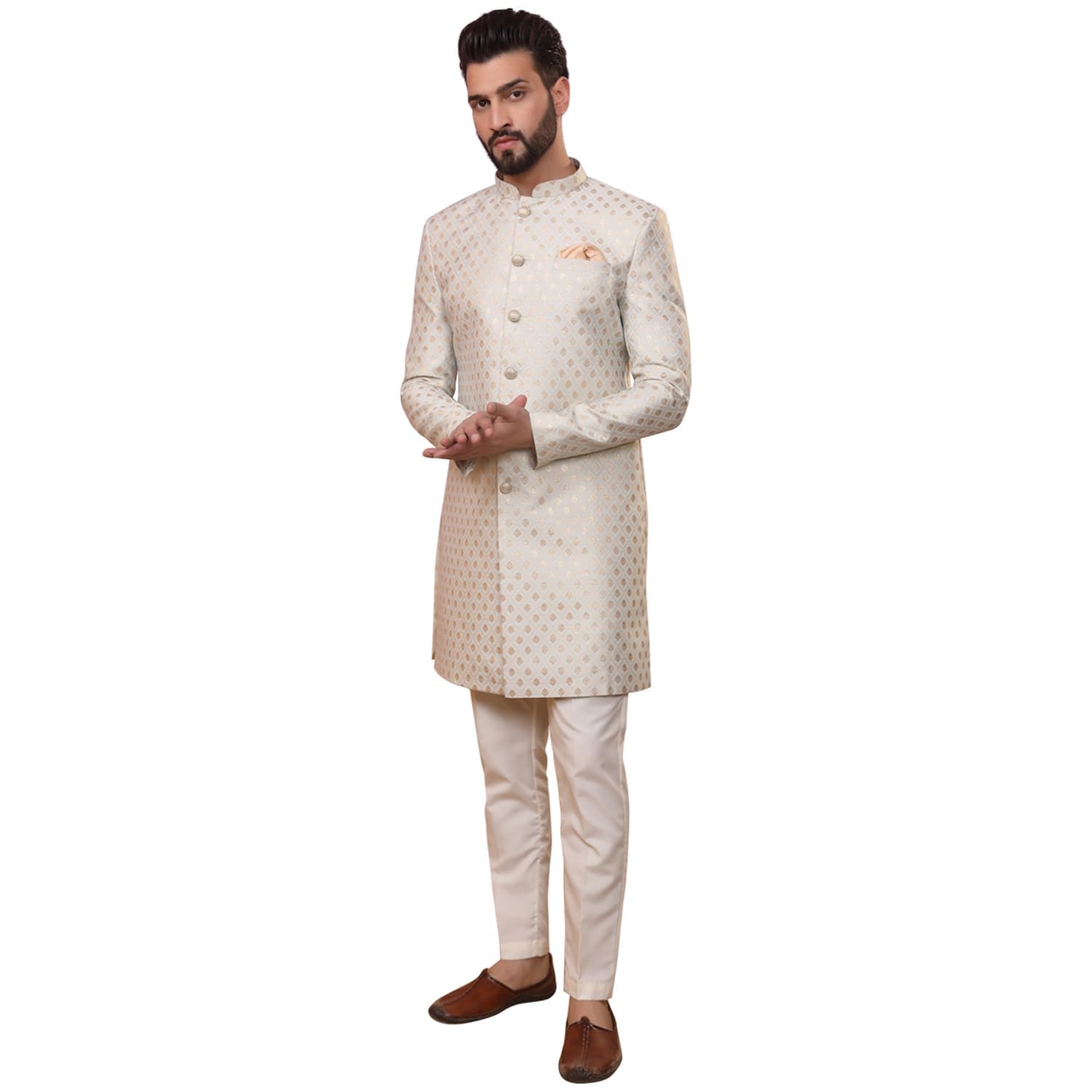 Kisah MenS Ethnic Wear Silk Blend Woven Design Regular Fit White Indo-Western Sherwani Set Indo-Western