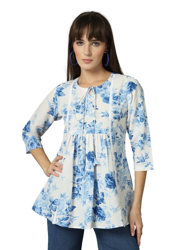 OOMPH! Lace Border,Kashmiri Tunic Top, Short Kurti for Women on Jeans, V-Neck, 3/4 Sleeve, Floral Design Blue