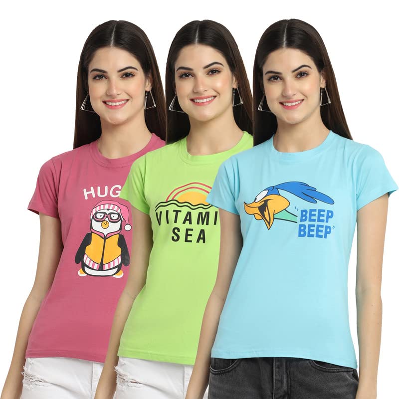 Preneum Womens Cotton Regular Fit Latest Graphic Stylish Printed Short Sleeves Casual T-Shirt || Latest Trendy & Styles (Pack 3