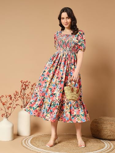 Kzully | Colorful Floral Print Midi Dress | Smocking And Elastic Comfort | Stylish Woman Wearing A Pretty Printed Flower | Trend
