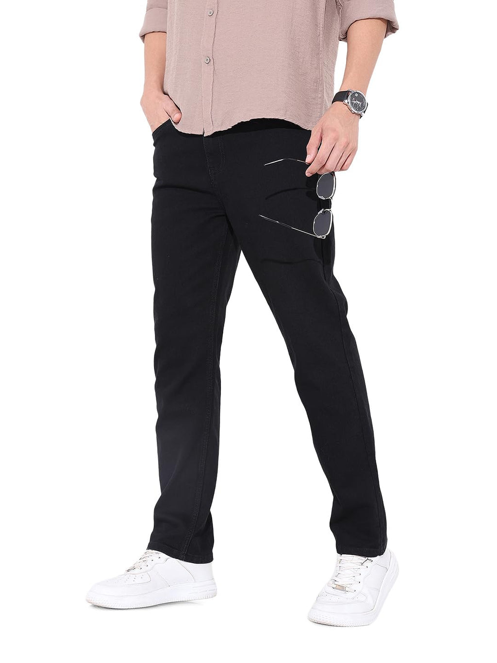 The Indian Garage Co Mens Slim Straight Fit Solid Mid-Rise Stretchable Jeans