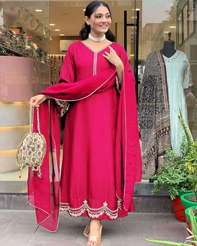 ANNI DESIGNER Womens Rayon Viscose Anarkali Embroidered Kurta with Pant & Dupatta (Ranibai Pink_L_Pink_Large)