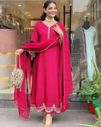 ANNI DESIGNER Womens Rayon Viscose Anarkali Embroidered Kurta with Pant & Dupatta (Ranibai Pink_L_Pink_Large)