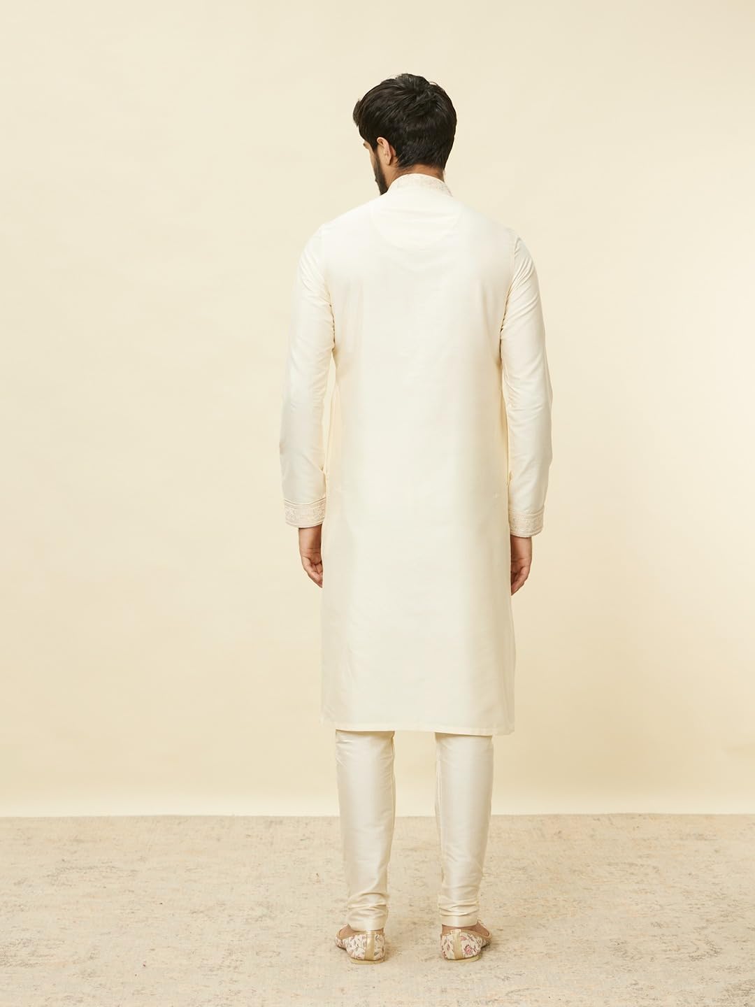 Manyavar Mens Cream Blended Viscose Self Design Kurta Pyjama Set