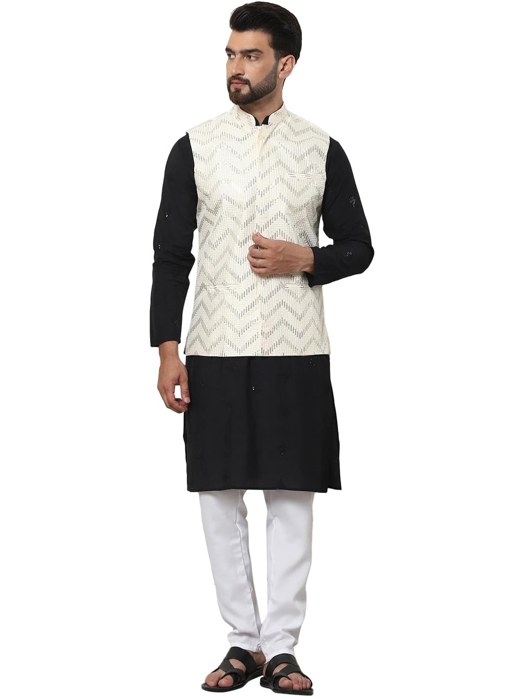 SOJANYA (Since 1958 Mens Cotton Silk Black Kurta and White Pyjama With Sequins Cream Nehru Jacket