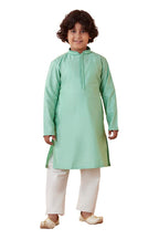 Manyavar Boys Kurta & Pajama Set, Mandarin Collar with Button Closure, Full Sleeve Kurta Set for Kids, Self Design, Blended Silk