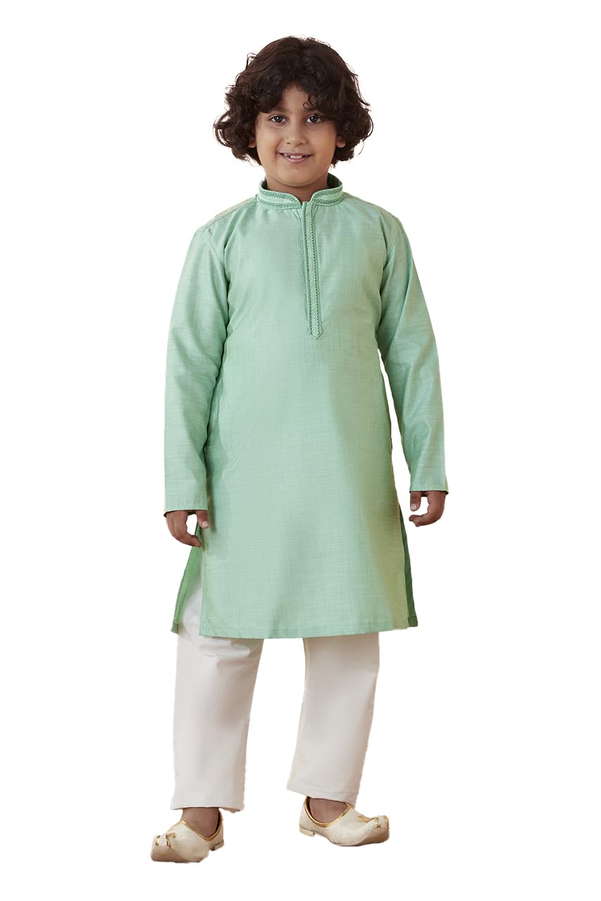 Manyavar Boys Kurta & Pajama Set, Mandarin Collar with Button Closure, Full Sleeve Kurta Set for Kids, Self Design, Blended Silk